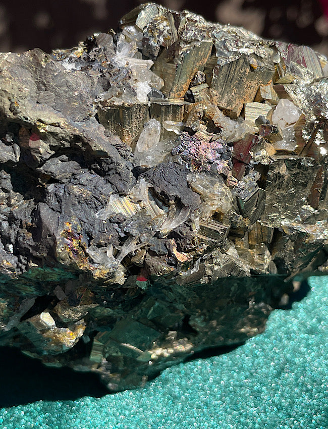 Pyrite, Chalcopyrite & Clear Quartz on Black Tourmaline